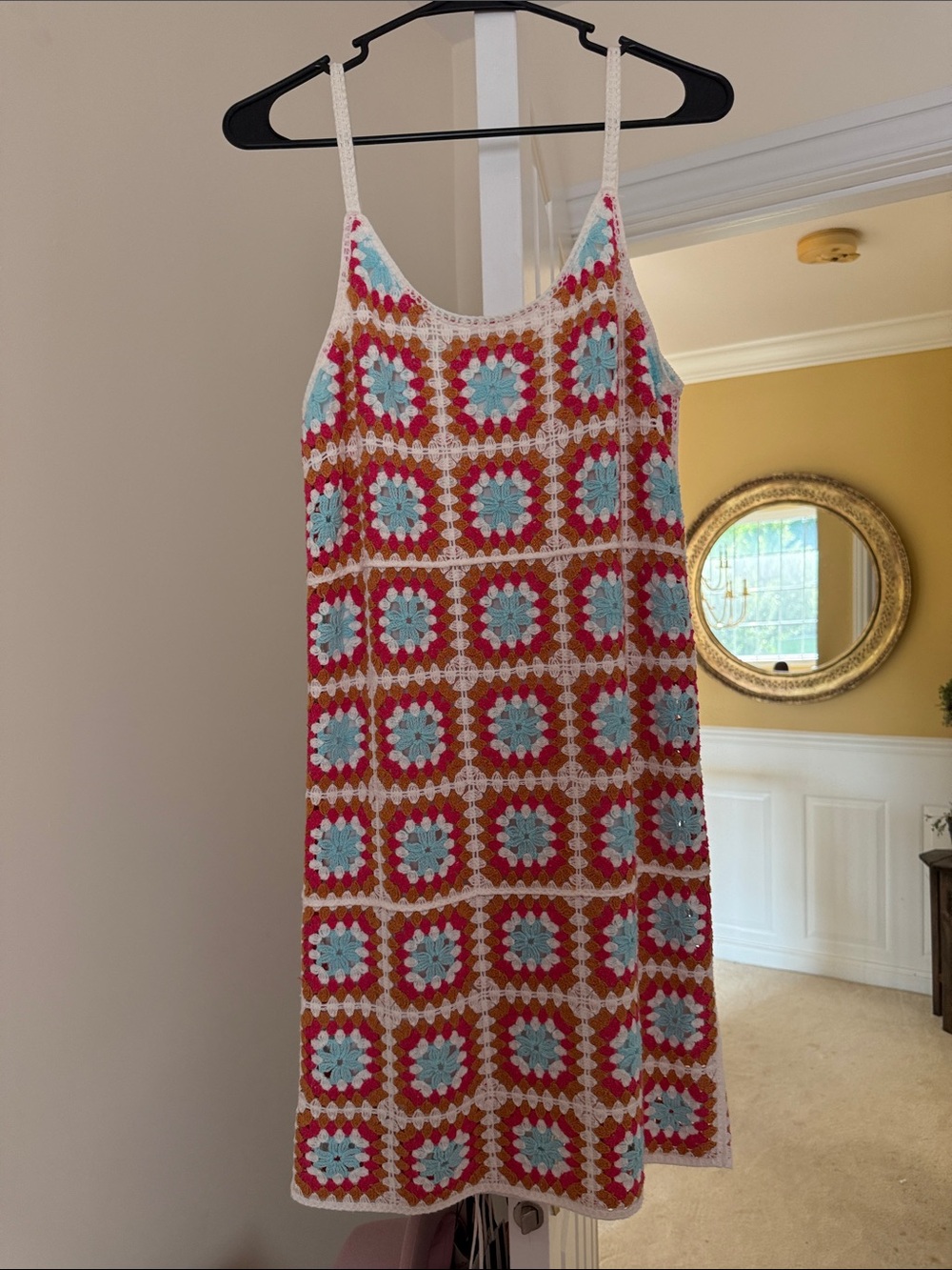 Crocheted lined Slip Dress in pink,pale blue & White